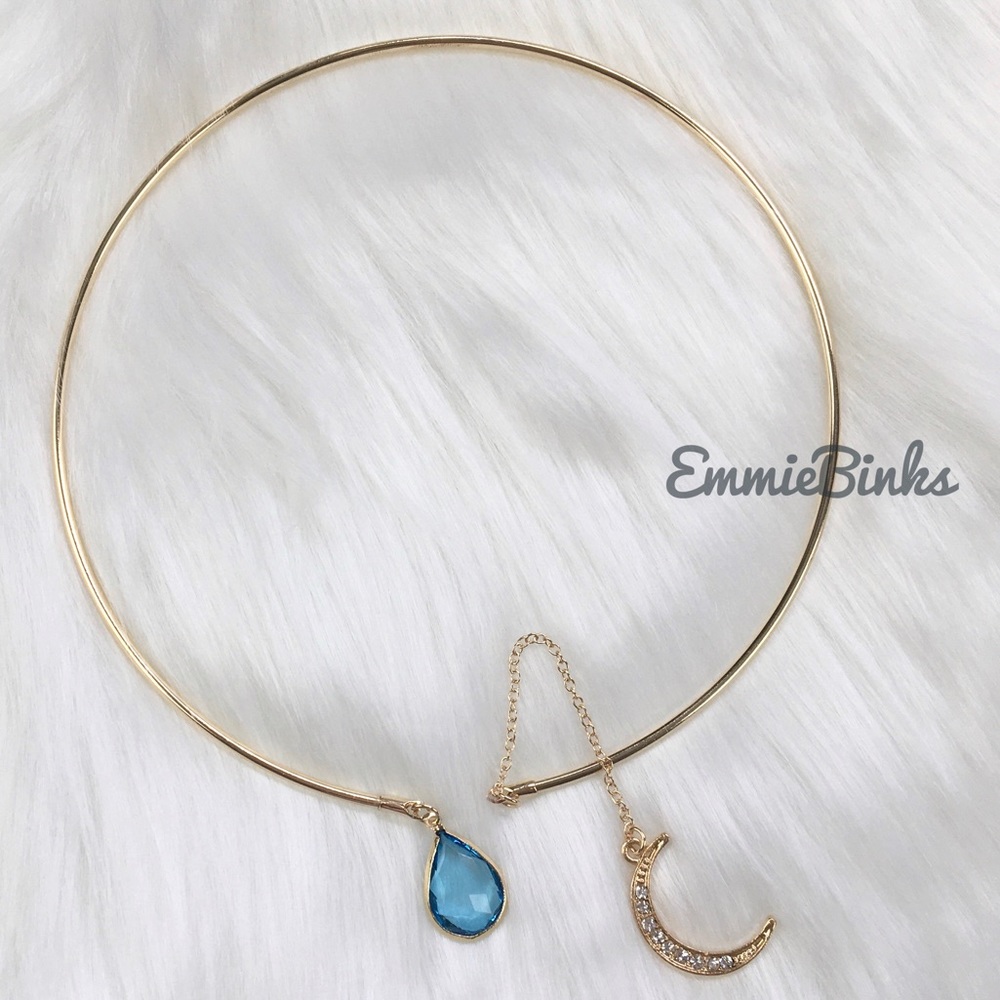 ✨3for$38 New Golden Boho Open Collar Rhinestone Moon Blue Jewel Necklace